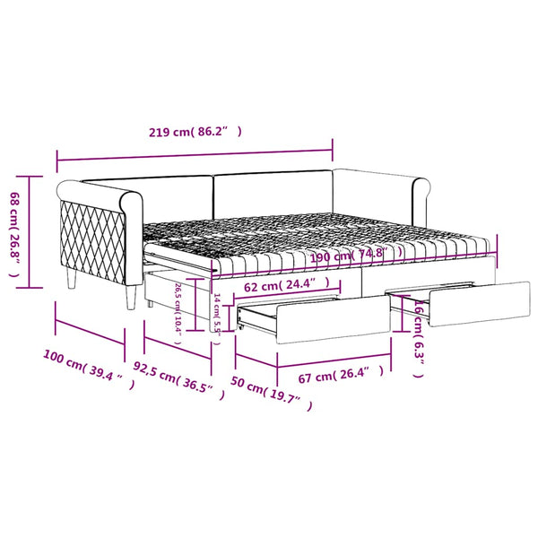 vidaXL Extendable Daybed with Drawers Dark Grey 90x190 cm Velvet