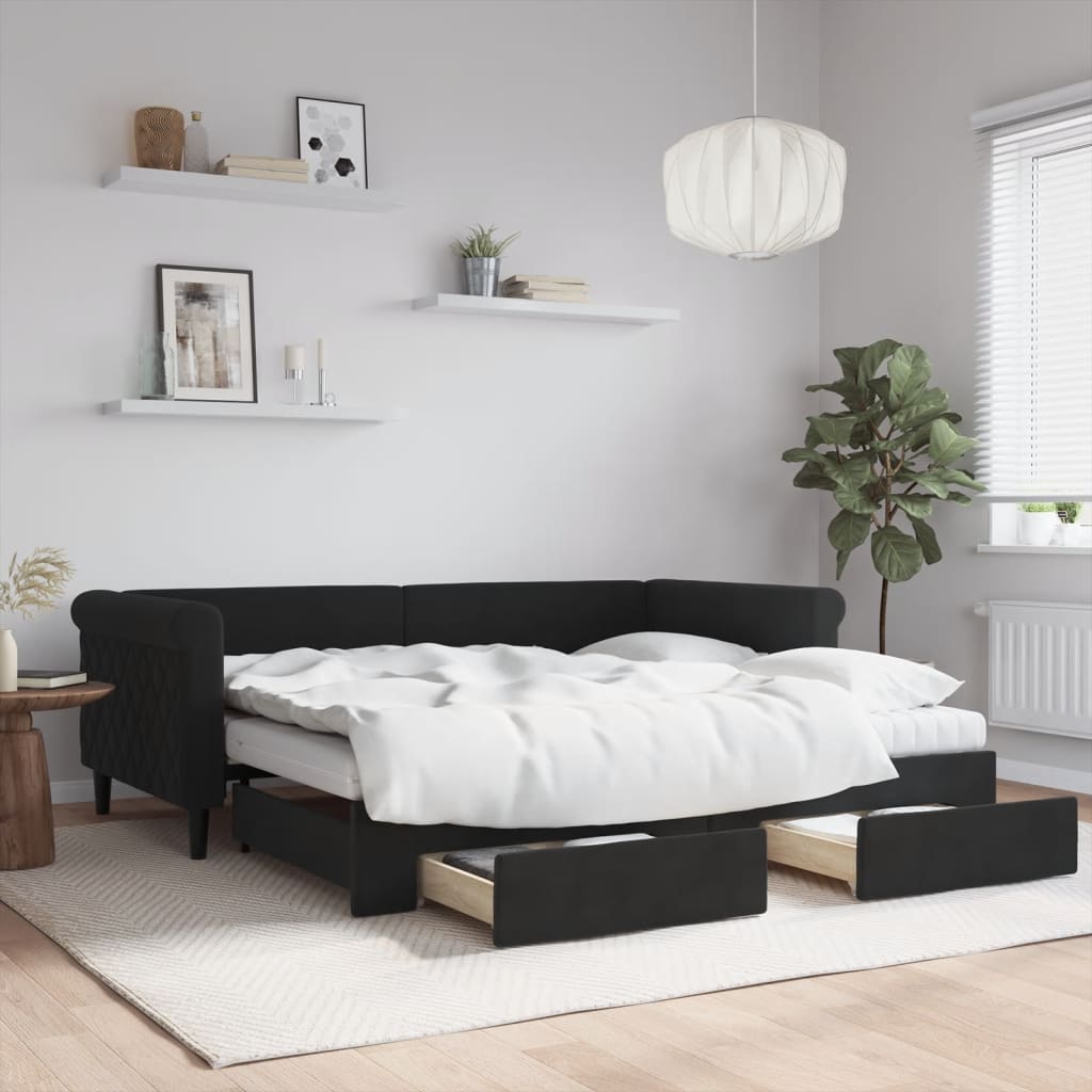 vidaXL Extendable Daybed with Drawers Black 90x190 cm Velvet