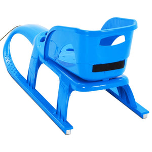 Blauer Schlitten mit Rückenlehne