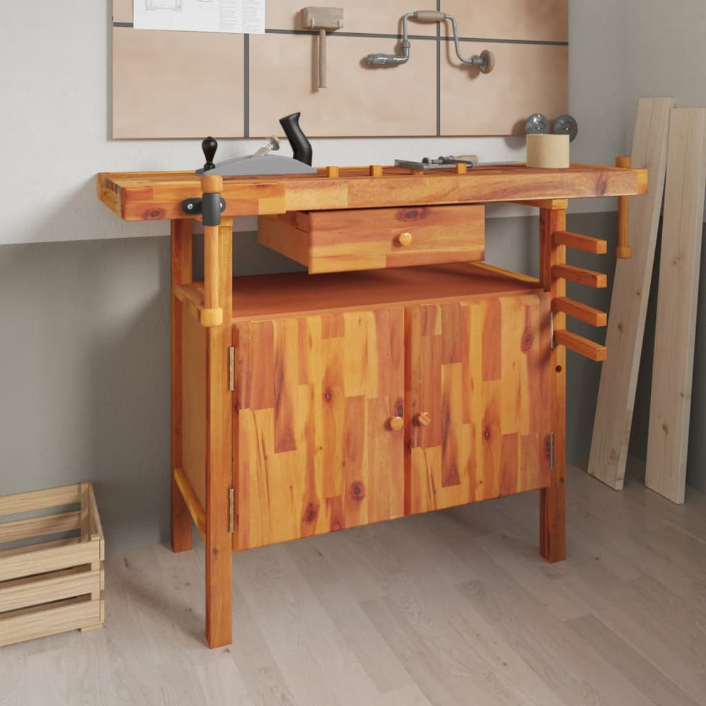 vidaXL Workbench with Drawer and Vises 124 x 52 x 83 cm Solid Acacia Wood