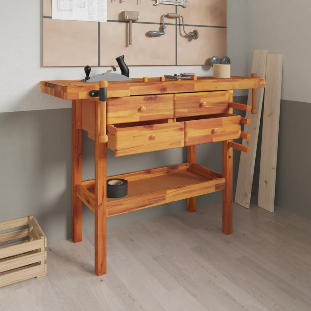 vidaXL Workbench with Drawers Vices 124x52x83 cm Acacia Wood