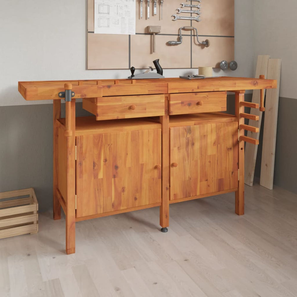 vidaXL Workbench with Drawers Vices 162x62x83 cm Acacia Wood