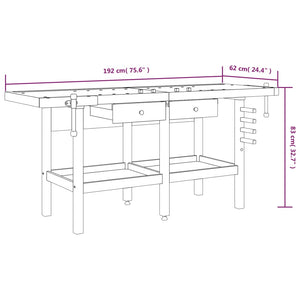 vidaXL Workbench with Drawers Vises 192x62x83 cm Acacia Wood
