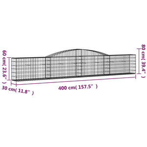 vidaXL Gabion Baskets with Arched Top 4 pcs 400x30x60/80 cm Galvanized Iron