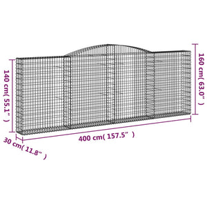 vidaXL Gabions with Arch Top 2 pcs. 400x30x140/160cm Galvanized Iron