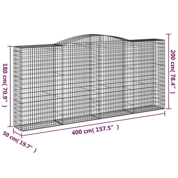 vidaXL Gabion Baskets with Arched Top 2 pcs. 400x50x180/200cm Galvanized Iron