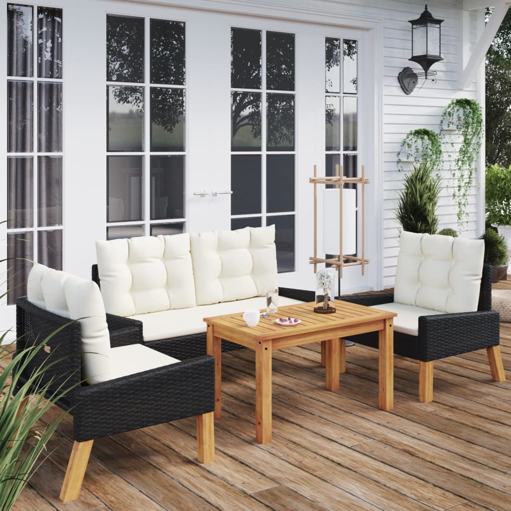 vidaXL 4-Piece Garden Lounge Set with Cushions Poly Rattan & Solid Wood