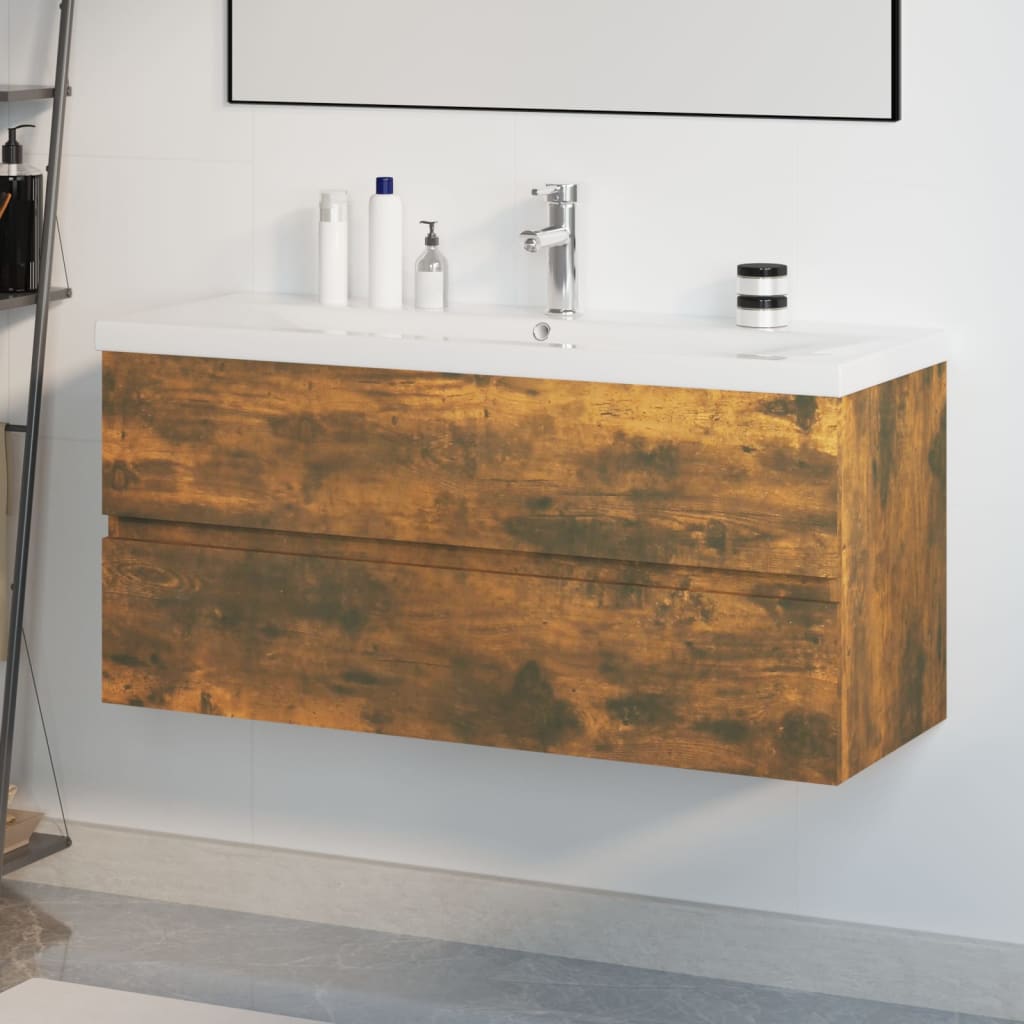 vidaXL Vanity Cabinet with Integrated Basin Smoked Oak Engineered Wood