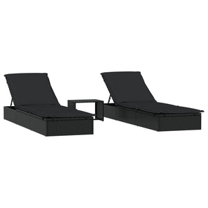 vidaXL Sun Loungers 2 pcs with Table Black Poly Rattan