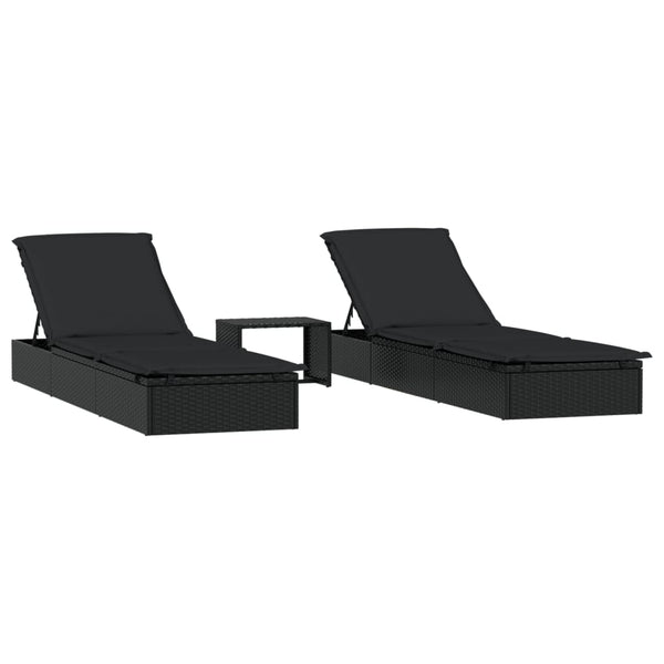 vidaXL Sun Loungers 2 pcs with Table Black Poly Rattan