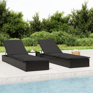 vidaXL Sun Loungers 2 pcs with Table Black Poly Rattan
