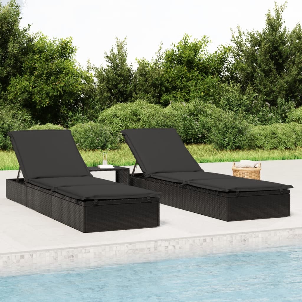 vidaXL Sun Loungers 2 pcs with Table Black Poly Rattan