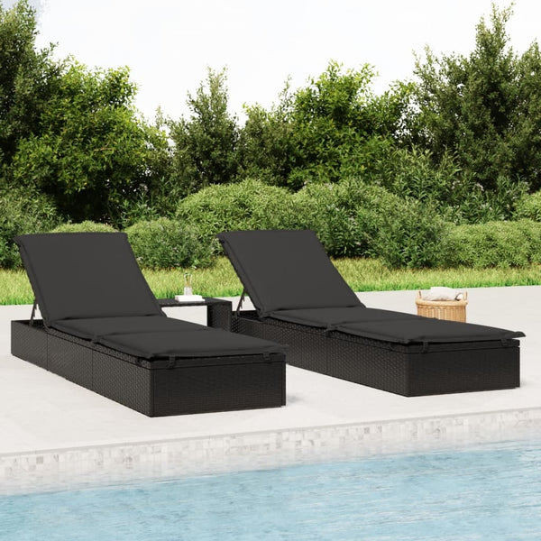 vidaXL Sun Loungers 2 pcs with Table Black Poly Rattan