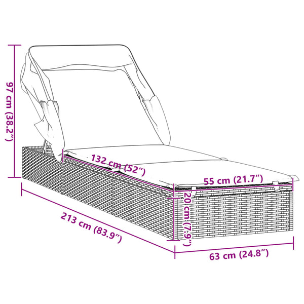 vidaXL Sun Lounger with Folding Roof Black 213x63x97 cm Poly Rattan