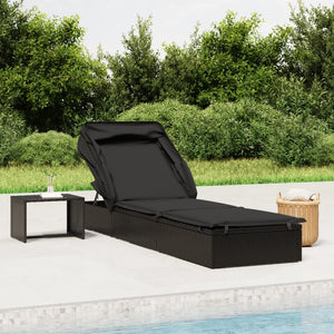 vidaXL Sun Lounger with Folding Roof Black 213x63x97 cm Poly Rattan