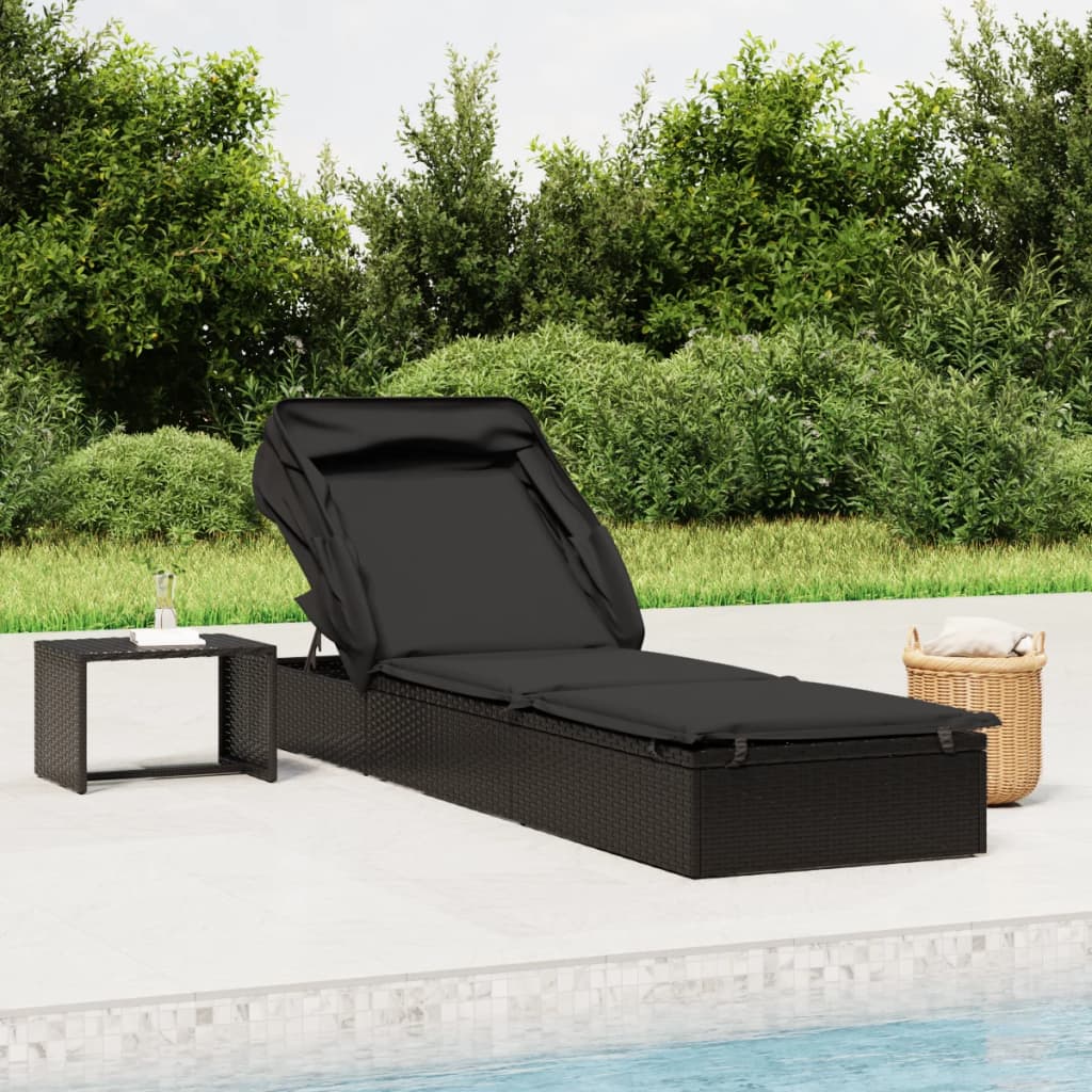 vidaXL Sun Lounger with Folding Roof Black 213x63x97 cm Poly Rattan