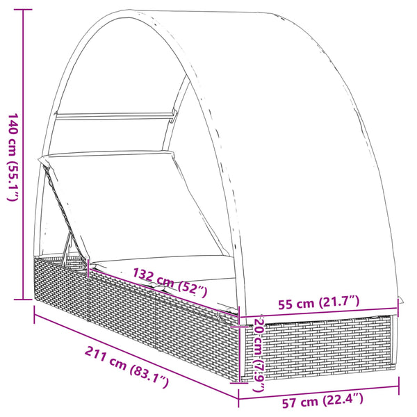 vidaXL Sun Lounger with Round Roof Grey 211x57x140 cm Poly Rattan