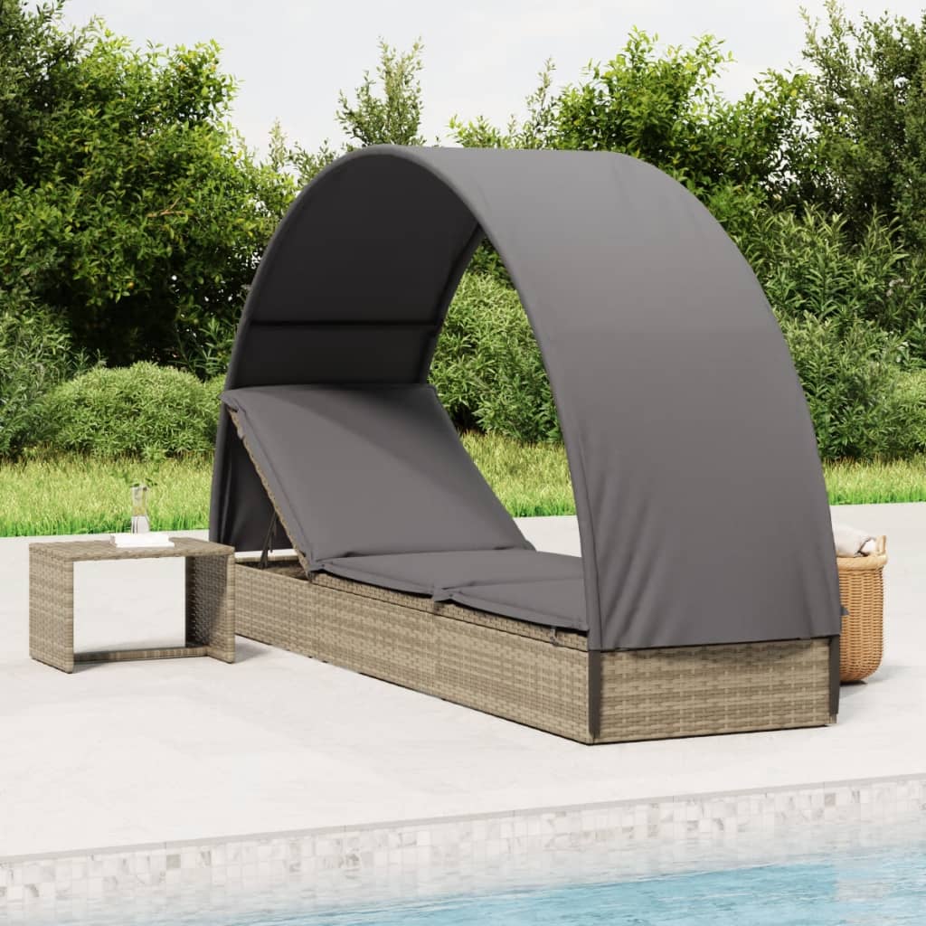 vidaXL Sun Lounger with Round Roof Grey 211x57x140 cm Poly Rattan
