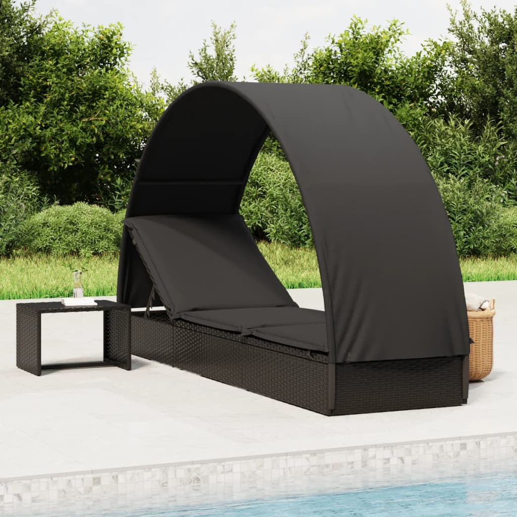 vidaXL Sun Lounger with Round Canopy Black 211x57x140 cm Poly Rattan