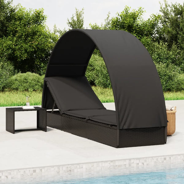 vidaXL Sun Lounger with Round Canopy Black 211x57x140 cm Poly Rattan
