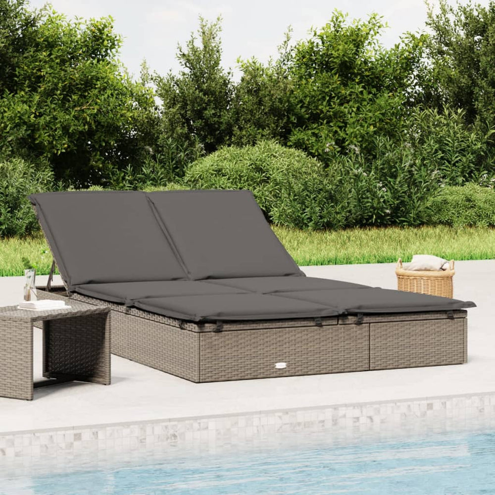 vidaXL 2-Person Sun Lounger with Cushion Grey Poly Rattan