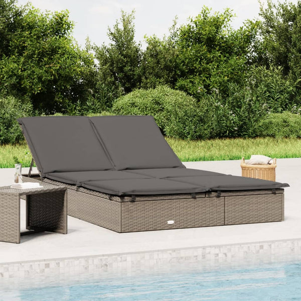 vidaXL 2-Person Sun Lounger with Cushion Grey Poly Rattan