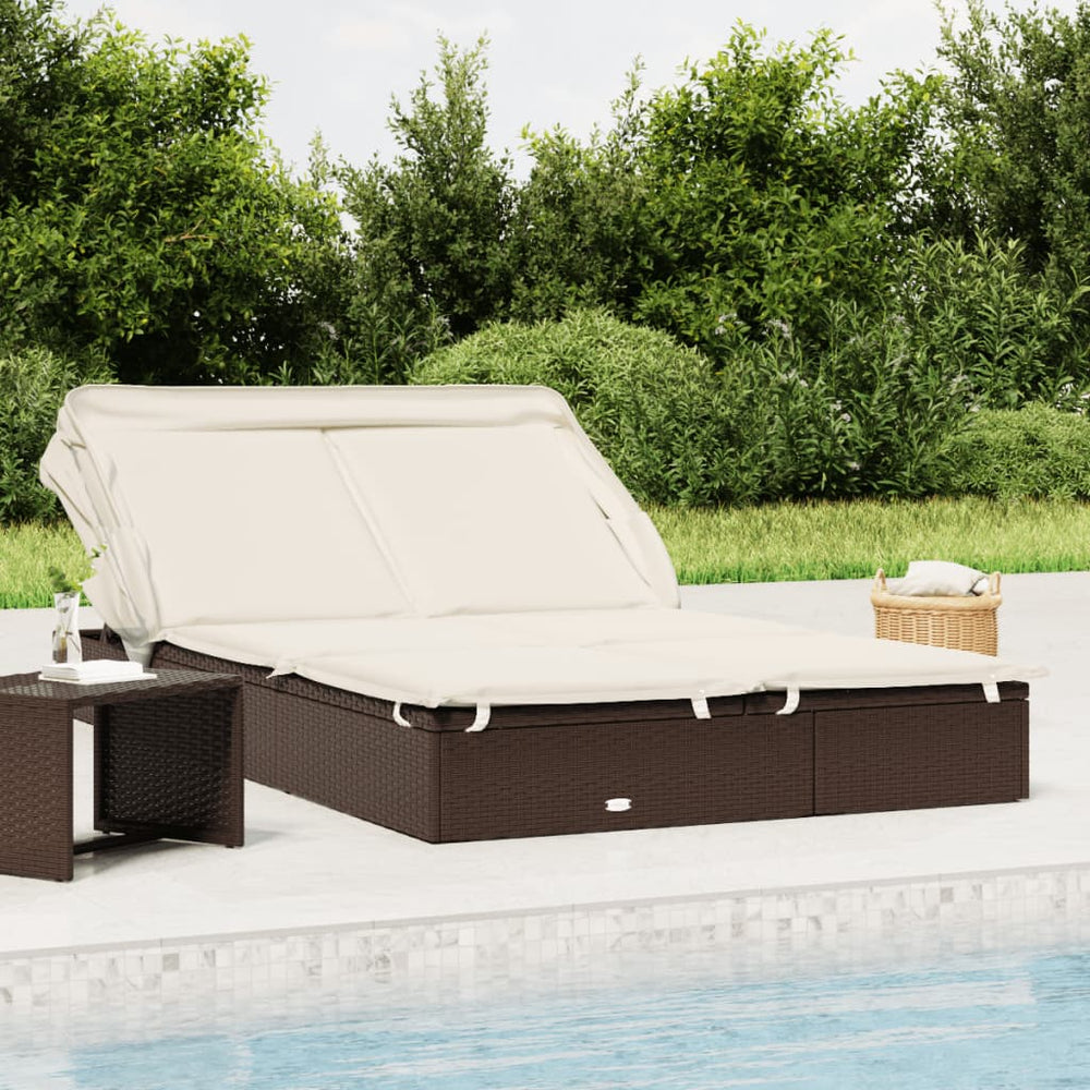 vidaXL 2-Person Sun Lounger with Canopy Brown 213x118x97 Poly Rattan