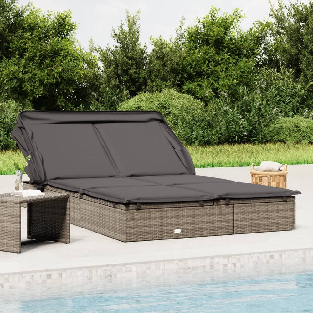 vidaXL 2-Person Sun Lounger with Roof Grey 213x118x97 Poly Rattan