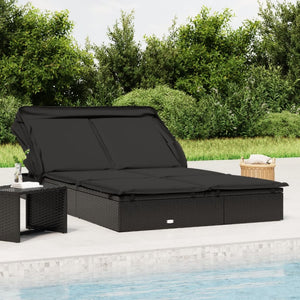 vidaXL 2-Person Sun Lounger with Roof Black 213x118x97 Poly Rattan