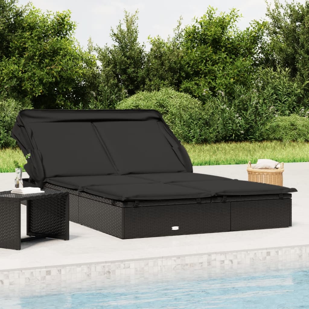 vidaXL 2-Person Sun Lounger with Roof Black 213x118x97 Poly Rattan