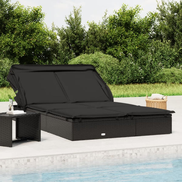vidaXL 2-Person Sun Lounger with Roof Black 213x118x97 Poly Rattan