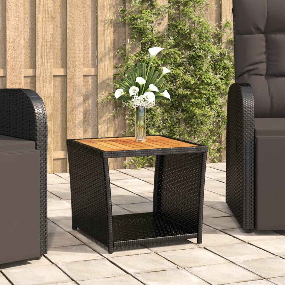 vidaXL Side Table with Wooden Top Black Poly Rattan & Acacia Wood