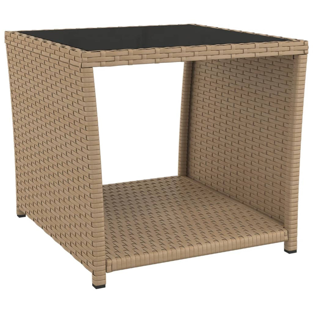 vidaXL Side Table with Glass Top Beige Poly Rattan & Tempered Glass