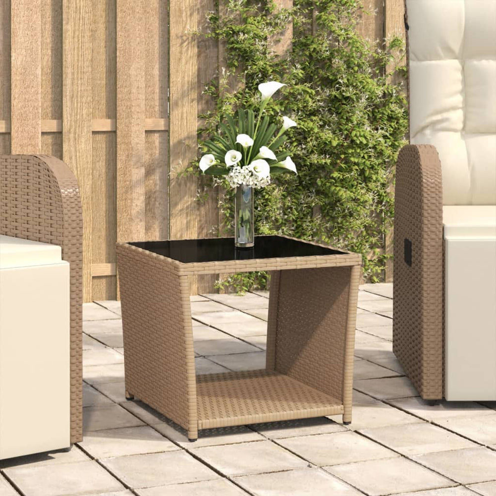 vidaXL Side Table with Glass Top Beige Poly Rattan & Tempered Glass