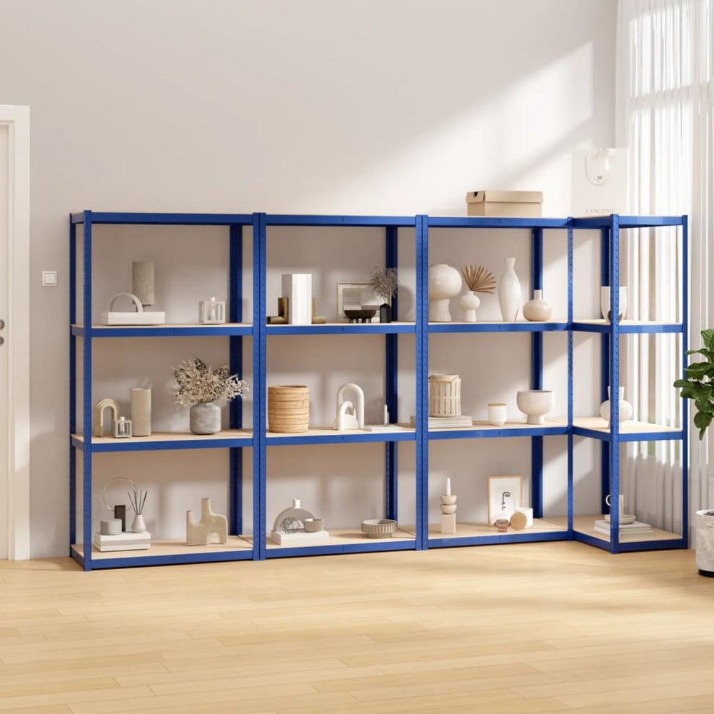 vidaXL Shelving Units with 4 Tiers 4 pcs Blue Steel & Engineered Wood