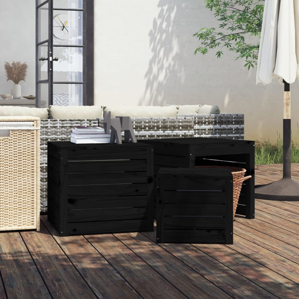 vidaXL 3-Piece Garden Storage Box Set Black Solid Pine Wood