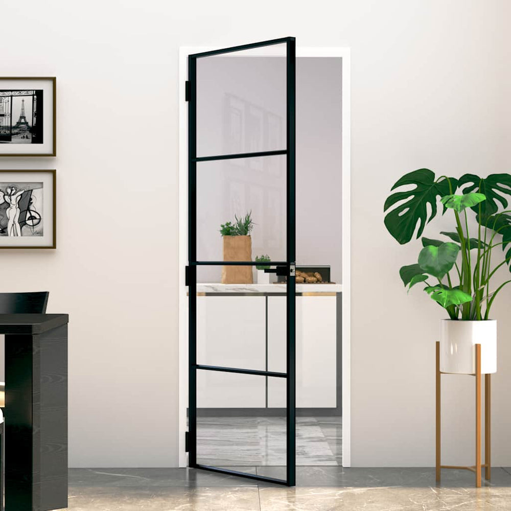 vidaXL Black Internal Door 76x201.5 cm Tempered Glass & Aluminum Slim