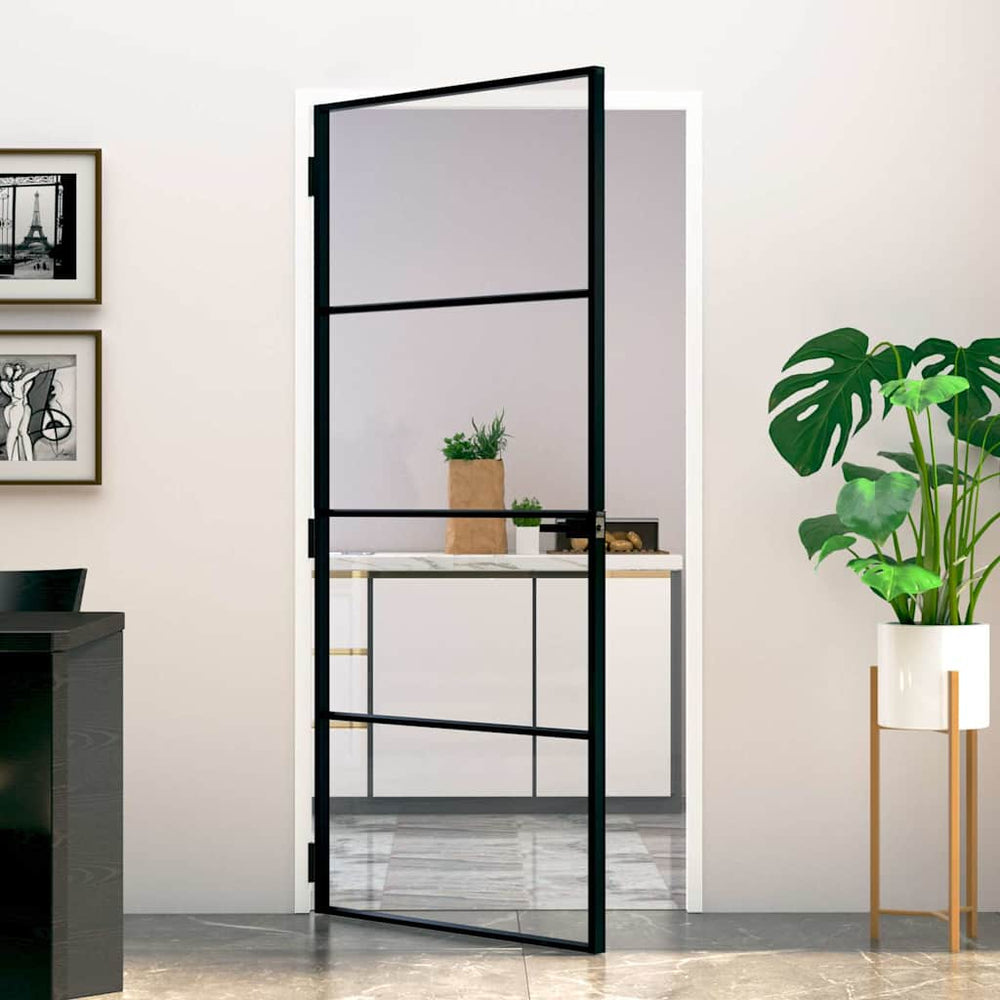 vidaXL Interior Door Black 93x201.5 cm Tempered Glass & Aluminum Slim