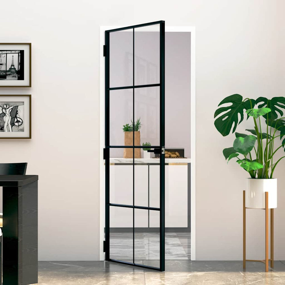 vidaXL Black Internal Door 76x201.5 cm Tempered Glass & Aluminum Slim