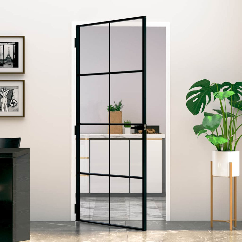 vidaXL Interior Door Black 93x201.5 cm Tempered Glass & Aluminum Slim