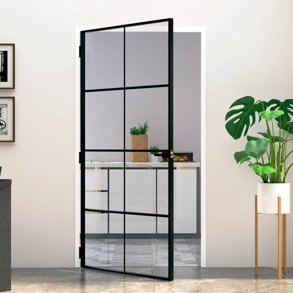 vidaXL Indoor Door Black 102x201.5 cm Tempered Glass & Aluminum Slim
