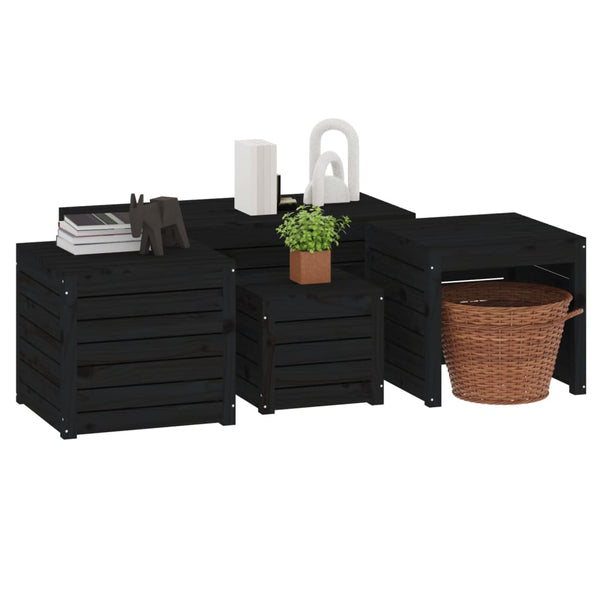 vidaXL 4-Piece Garden Storage Box Set Black Solid Pine Wood