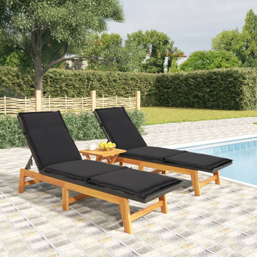 vidaXL Sun Loungers with Cushions 2 pcs. Poly Rattan Solid Acacia Wood