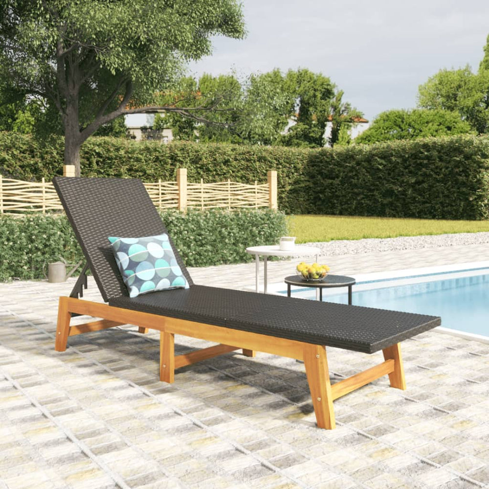 vidaXL Sun Lounger Black and Brown Poly Rattan & Solid Acacia Wood