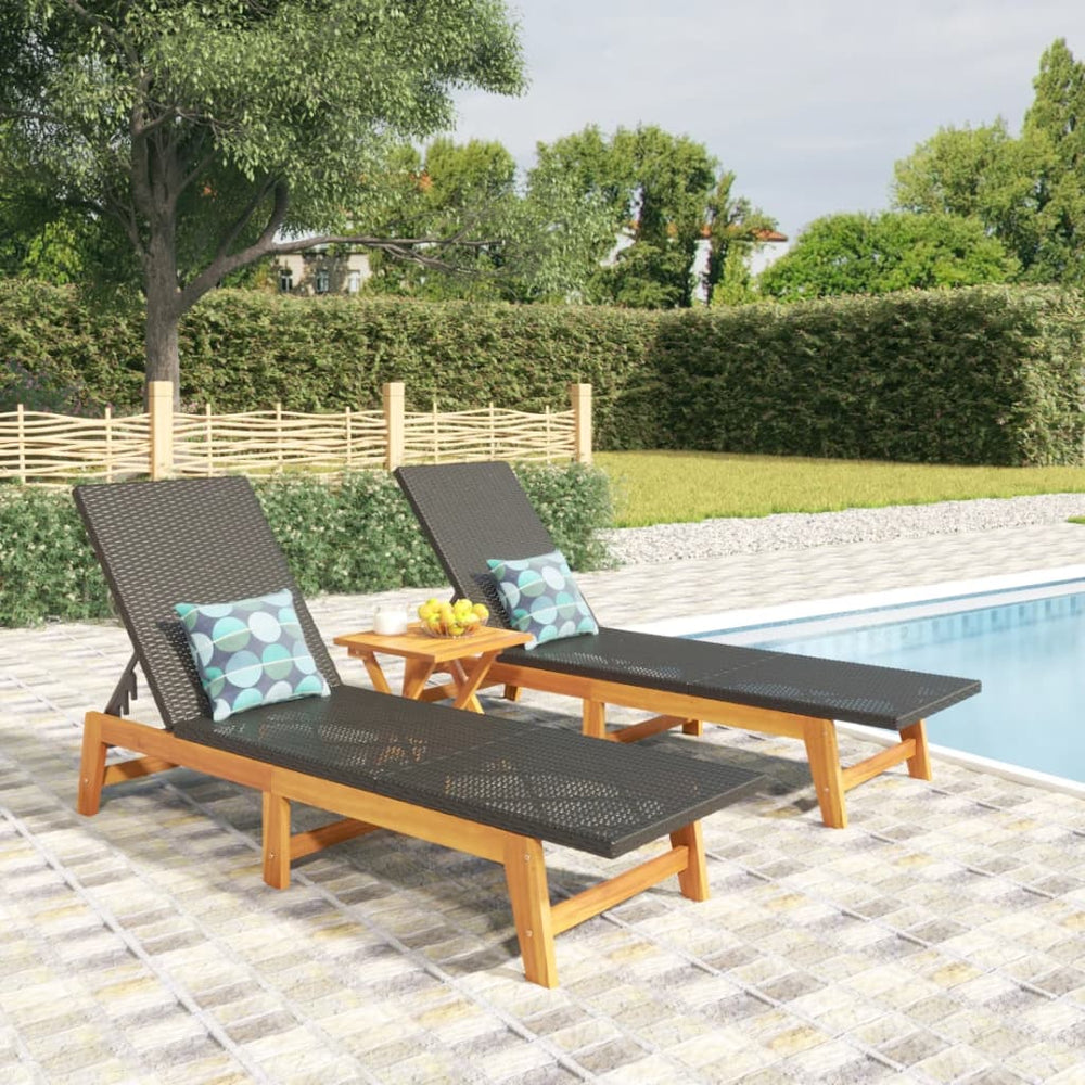 vidaXL Sun Loungers 2 pcs Black Brown Poly Rattan Solid Acacia Wood