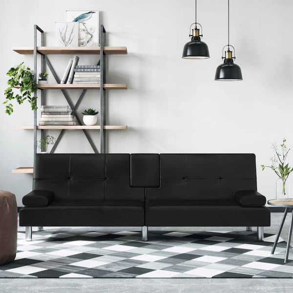 Schlafsofa Schwarz Kunstleder mit Getränkehaltern