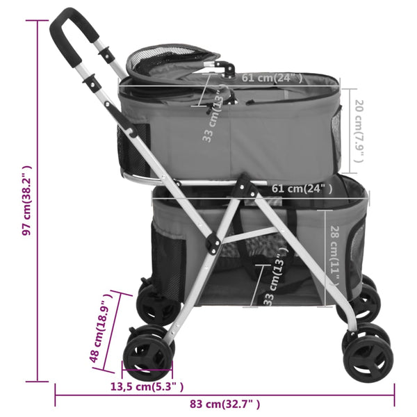vidaXL Dog Stroller for 2 Dogs Foldable Grey 83x48x97 cm Oxford Fabric