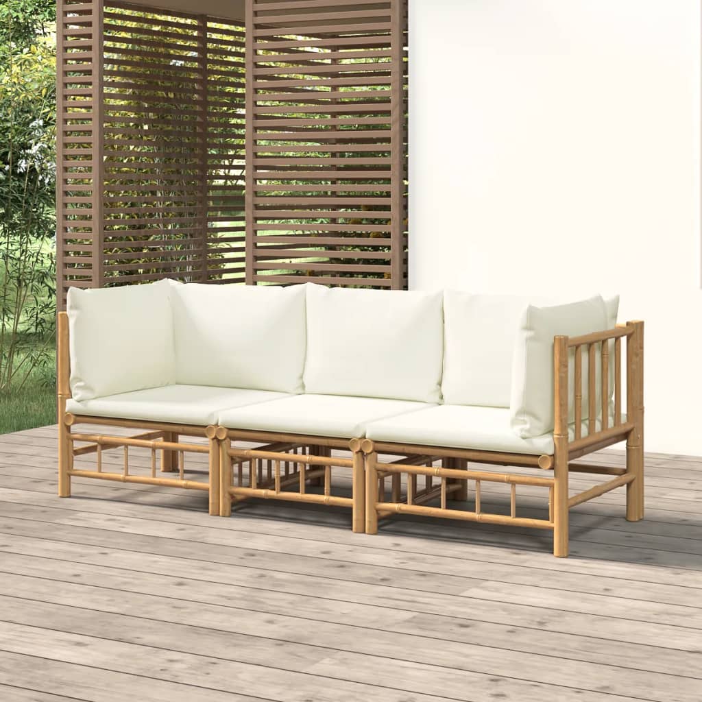 vidaXL 3-Piece Garden Lounge Set with Cream White Cushions Bamboo