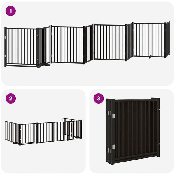 vidaXL 8-Panel Dog Gate with Door Foldable Black 640 cm Poplar Wood