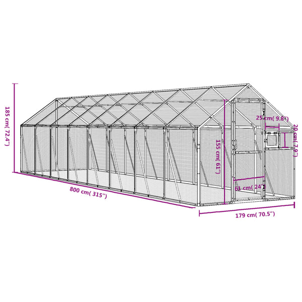 vidaXL Aviary Silver 1.79x8x1.85 m Aluminum